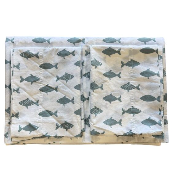 Garnet Hill Twin Flat Sheet & 2 Pillowcases Mini-Print Percale Blue Fish Set EUC - Picture 1 of 11